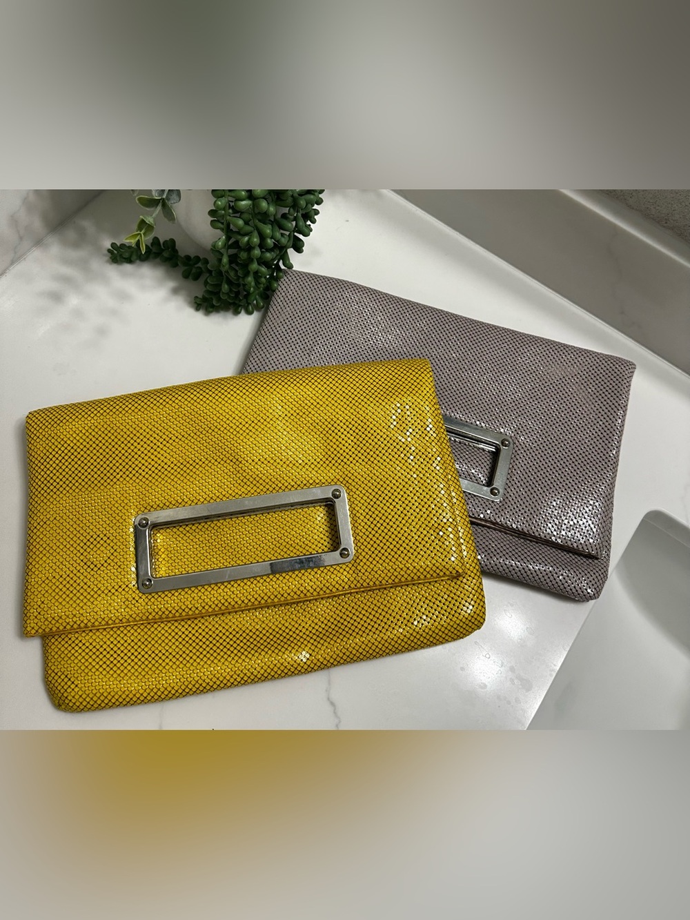 EXPRESS Yellow and Taupe Clutch with Silver Metal Accent